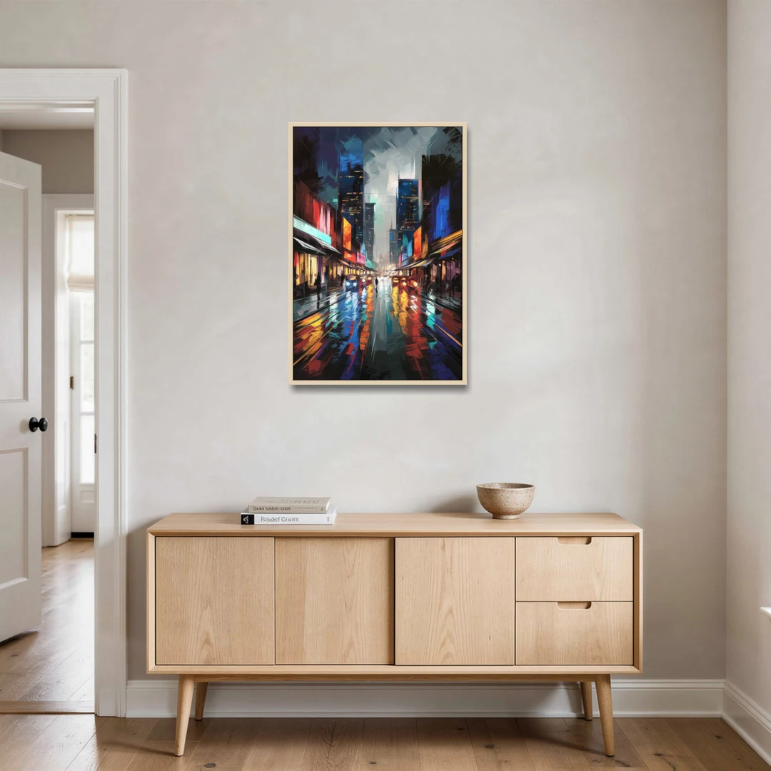 Plano Nightlife Glow Neon - Oak Framed Canvas Wall Art - Coffee Table - 24x36