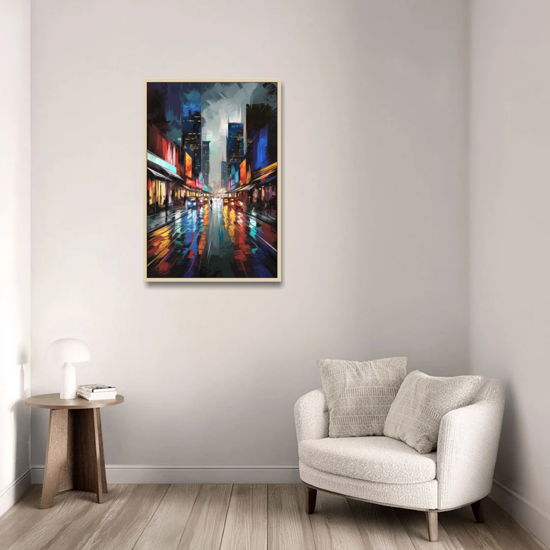 Plano Nightlife Glow Neon - Oak Framed Canvas Wall Art - Sofa - 24x36