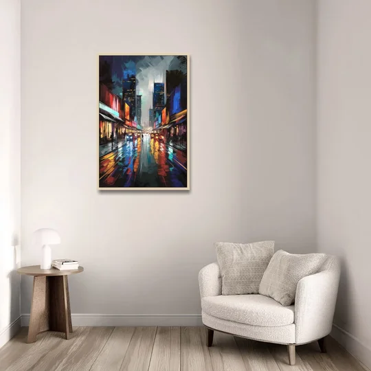 Plano Nightlife Glow Neon - Oak Framed Canvas Wall Art - Sofa - 24x36