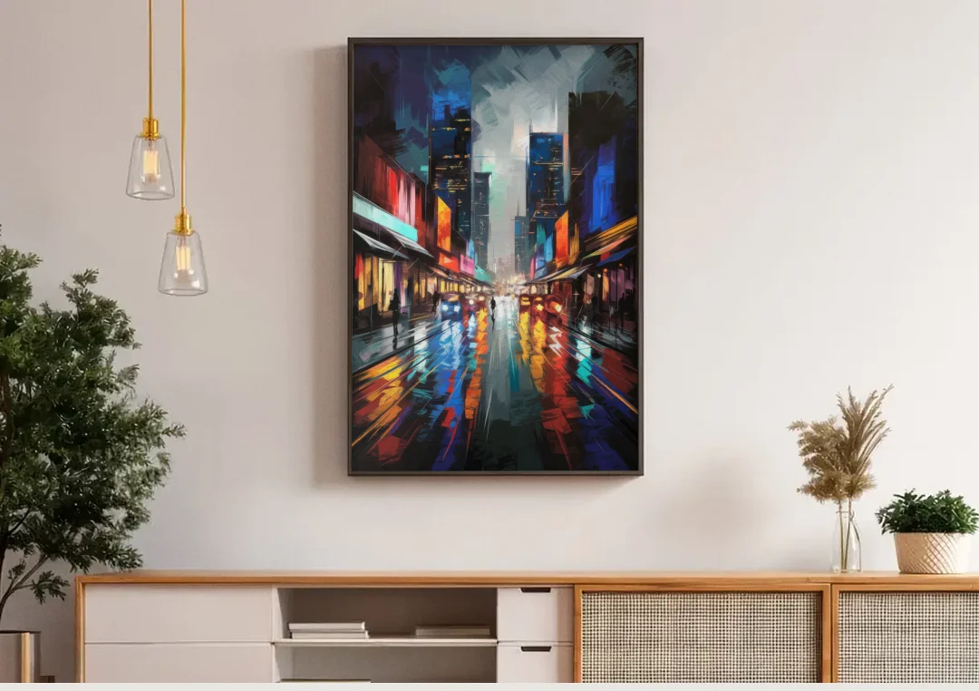 Plano Nightlife Glow Neon canvas wall art above a wooden sideboard under pendant lights