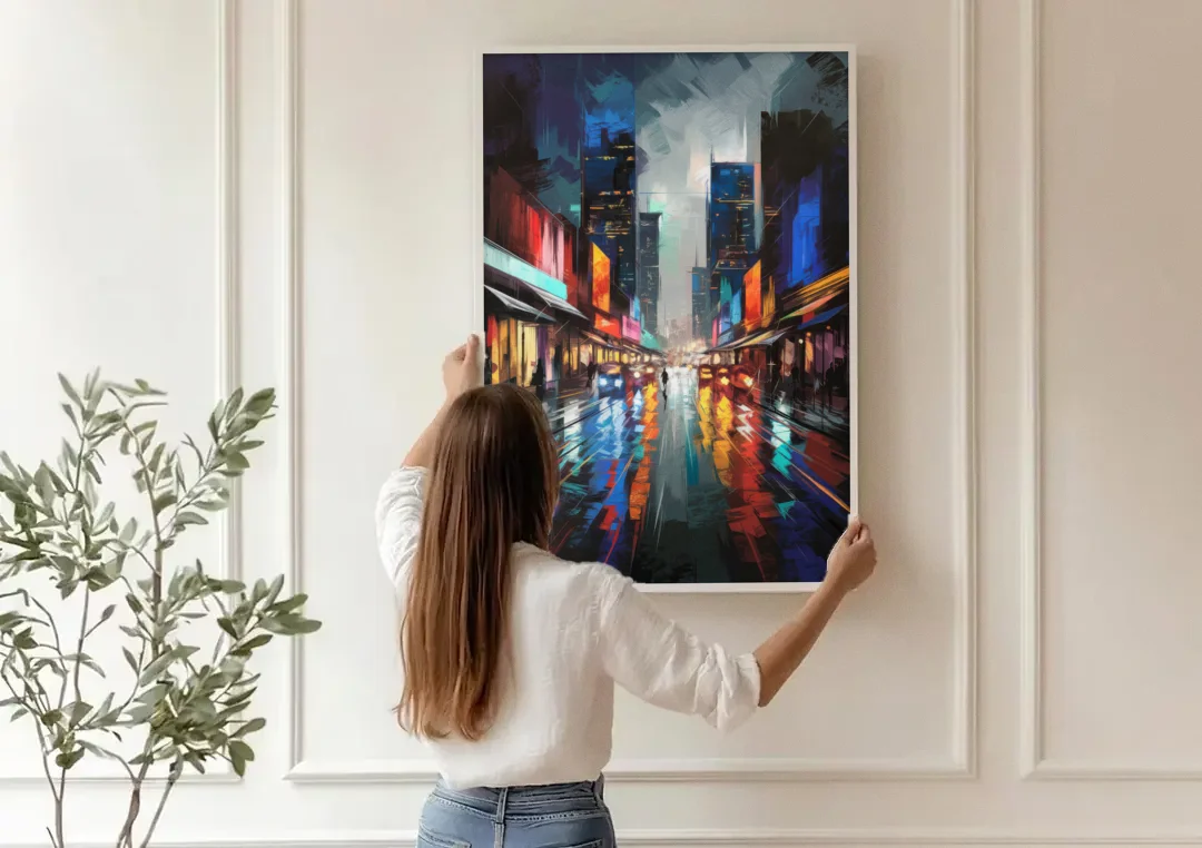 Plano Nightlife Glow Neon canvas wall art being hung on a paneled wall