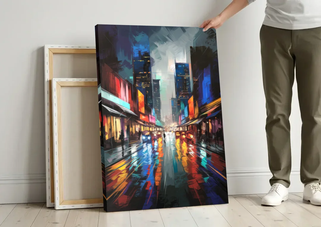 Plano Nightlife Glow Neon canvas wall art leaning against a wall next to blank canvases