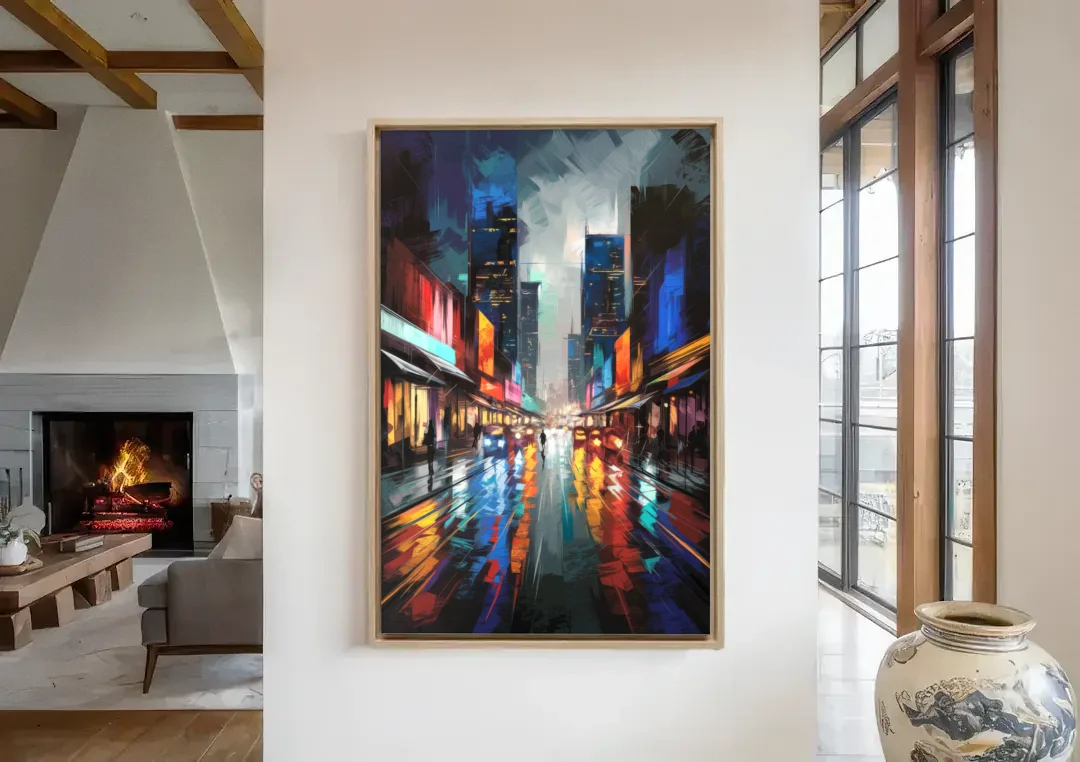 Plano Nightlife Glow Neon canvas wall art in a living room with a fireplace