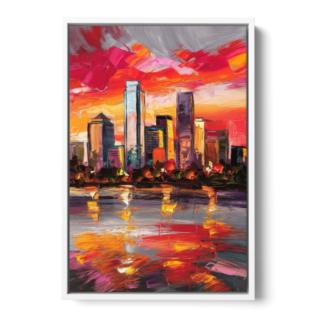 Plano Skyline Sunset - White Framed Canvas Wall Art - Front