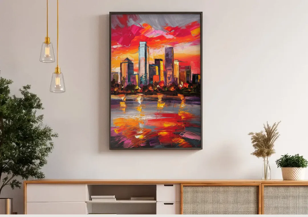 Plano Skyline Sunset canvas wall art above a wooden sideboard under pendant lights