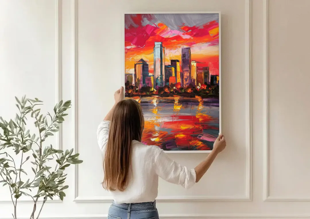 Plano Skyline Sunset canvas wall art being hung on a paneled wall