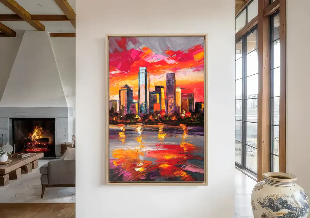 Plano Skyline Sunset canvas wall art in a living room with a fireplace