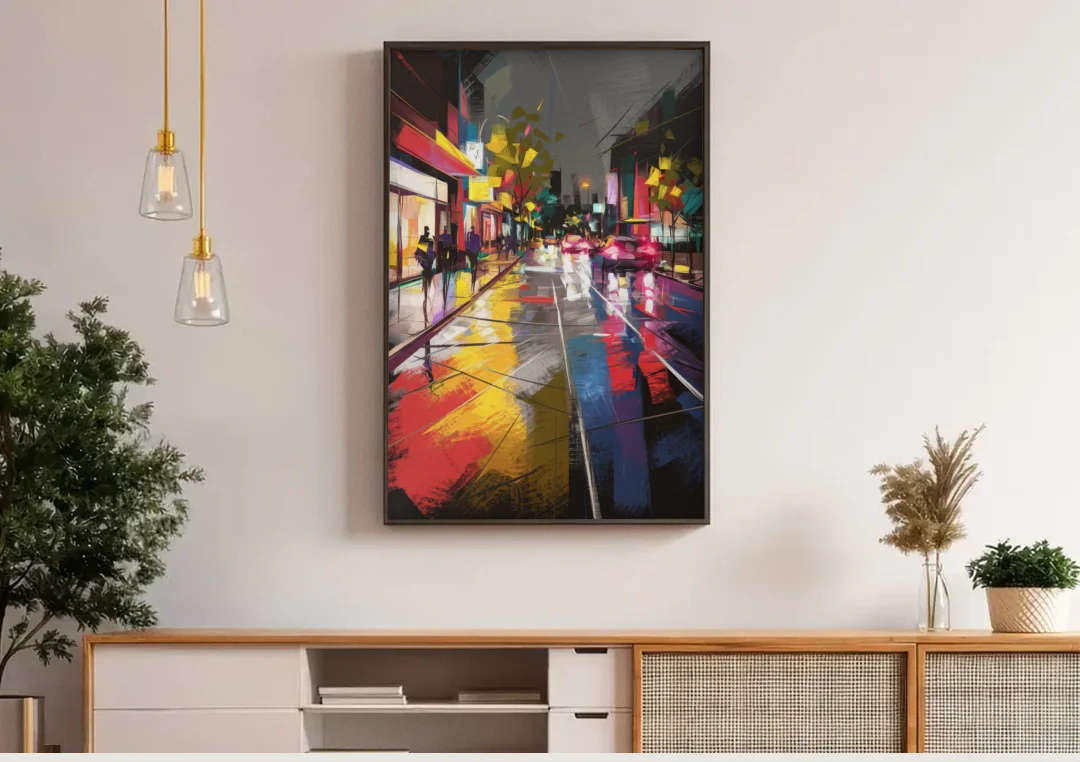 Plano Vibrant Streets canvas wall art above a wooden sideboard under pendant lights