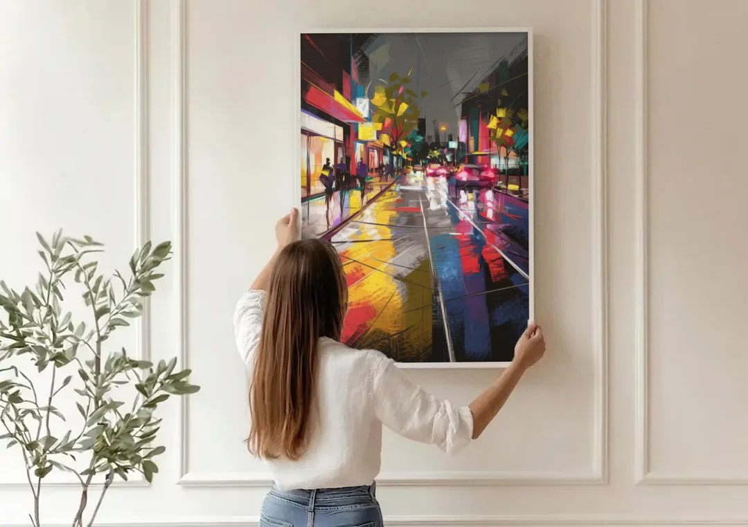 Plano Vibrant Streets canvas wall art being hung on a paneled wall