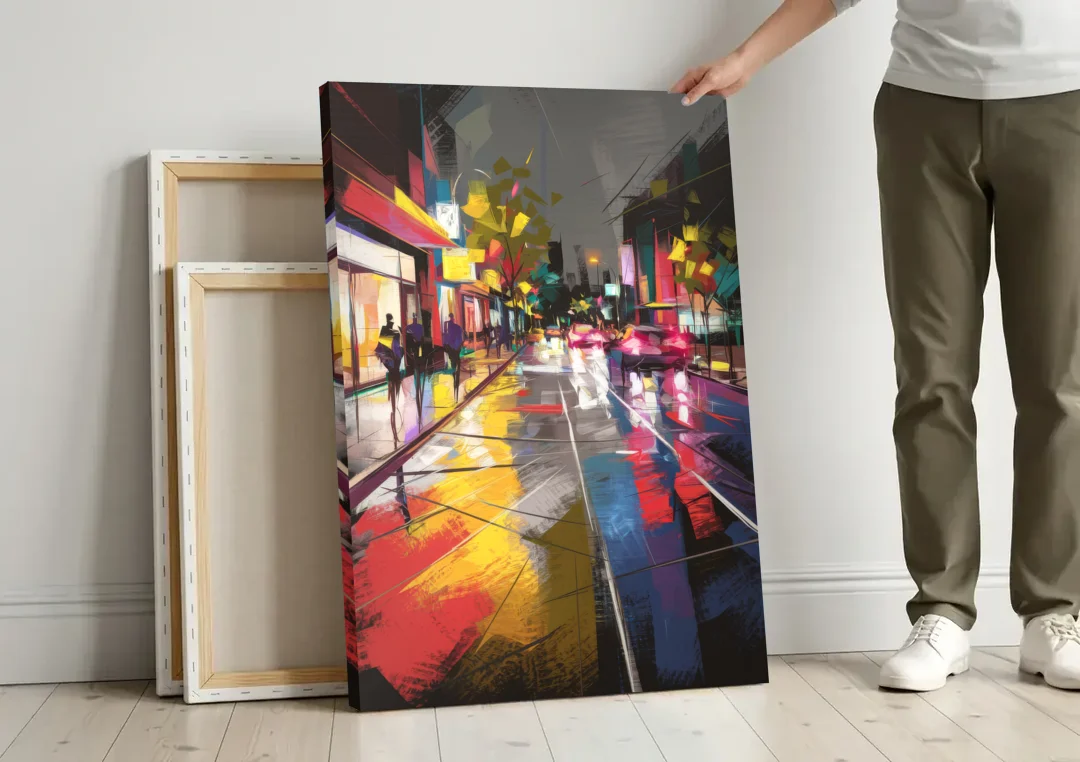 Plano Vibrant Streets canvas wall art leaning against a wall next to blank canvases