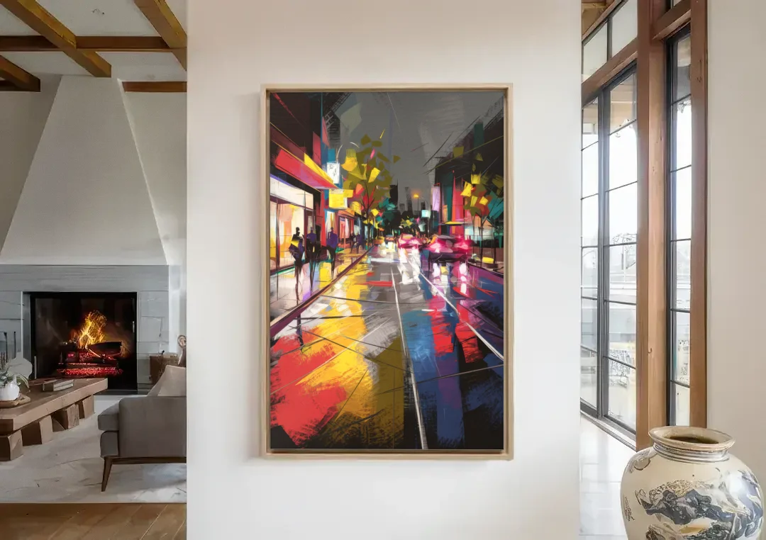 Plano Vibrant Streets canvas wall art in a living room with a fireplace