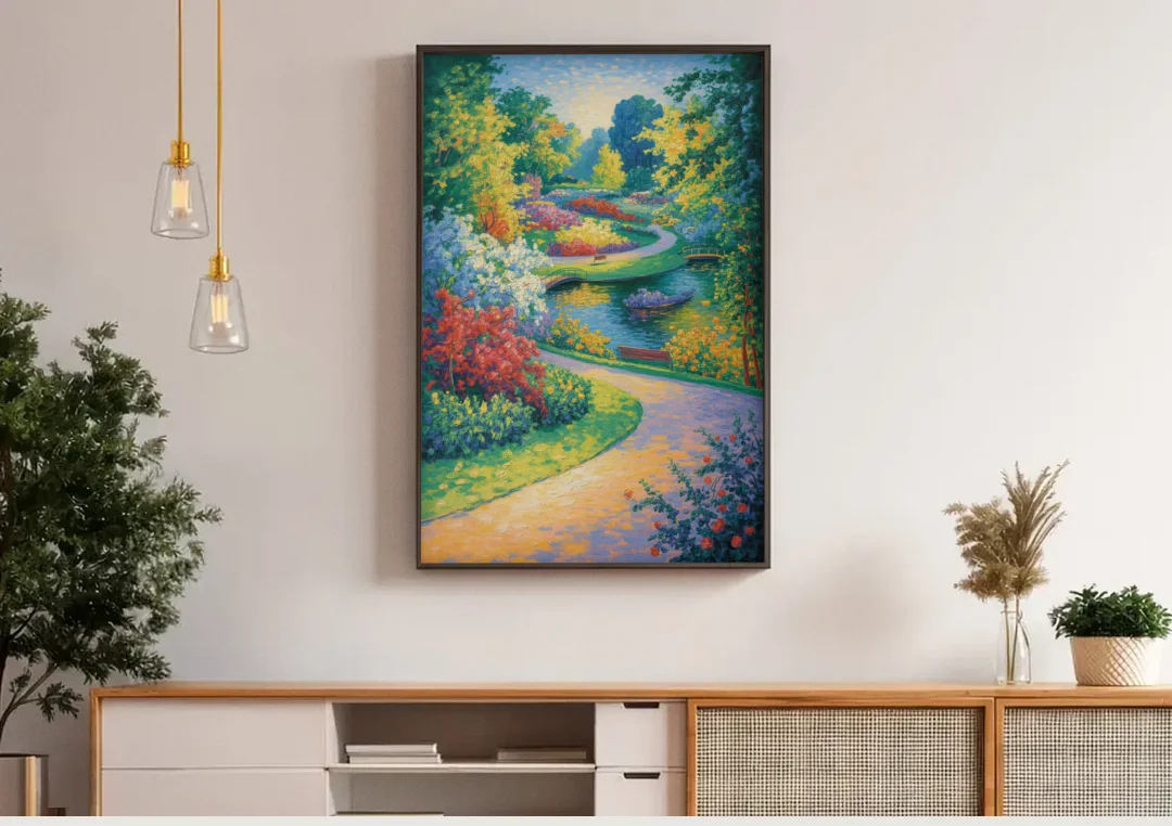 Planten un Blomen Bliss canvas wall art above a wooden sideboard under pendant lights