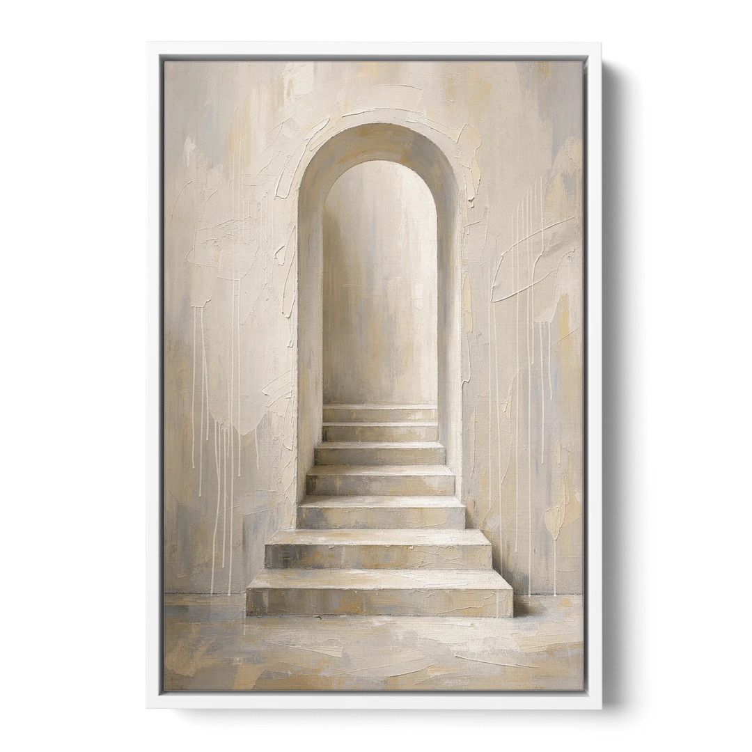 Plaster Archway with Five Steps Rising to Light - White Framed Canvas Wall Art - Front