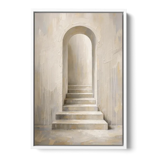 Plaster Archway with Five Steps Rising to Light - White Framed Canvas Wall Art - Front