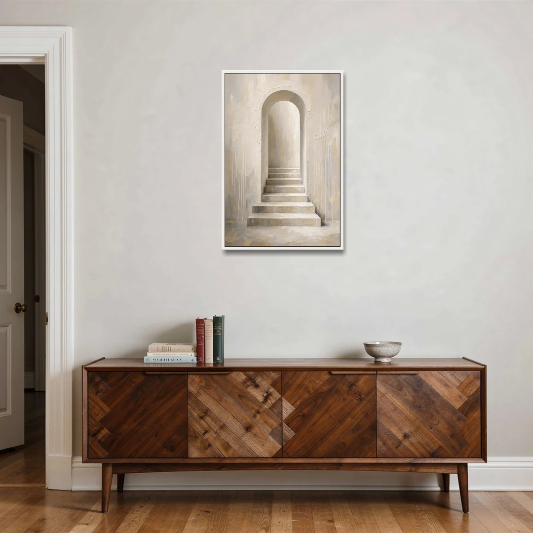 Plaster Archway with Five Steps Rising to Light - White Framed Canvas Wall Art - Coffee Table - 24x36