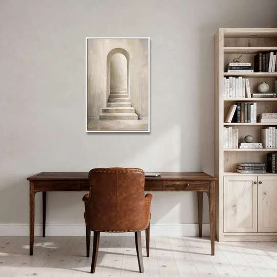 Plaster Archway with Five Steps Rising to Light - White Framed Canvas Wall Art - Office - 24x36