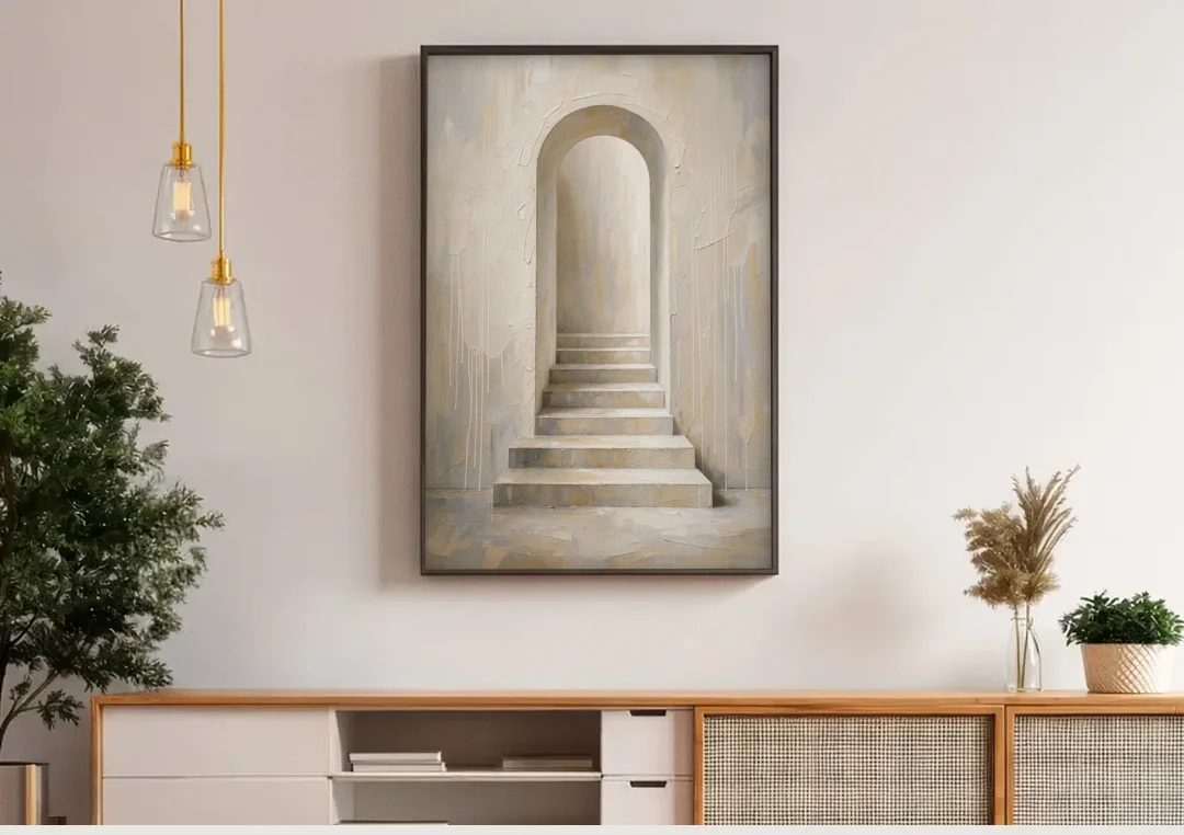 Plaster Archway with Five Steps Rising to Light canvas wall art above a wooden sideboard under pendant lights