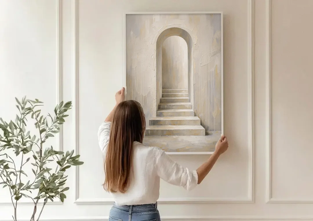 Plaster Archway with Five Steps Rising to Light canvas wall art being hung on a paneled wall