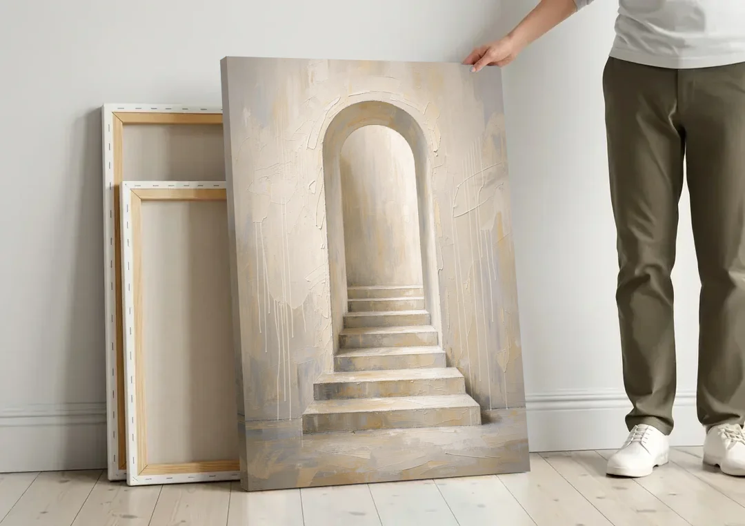 Plaster Archway with Five Steps Rising to Light canvas wall art leaning against a wall next to blank canvases