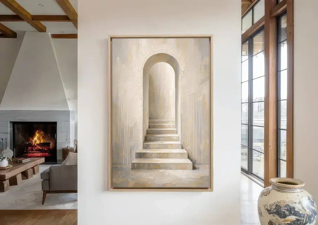 Plaster Archway with Five Steps Rising to Light canvas wall art in a living room with a fireplace
