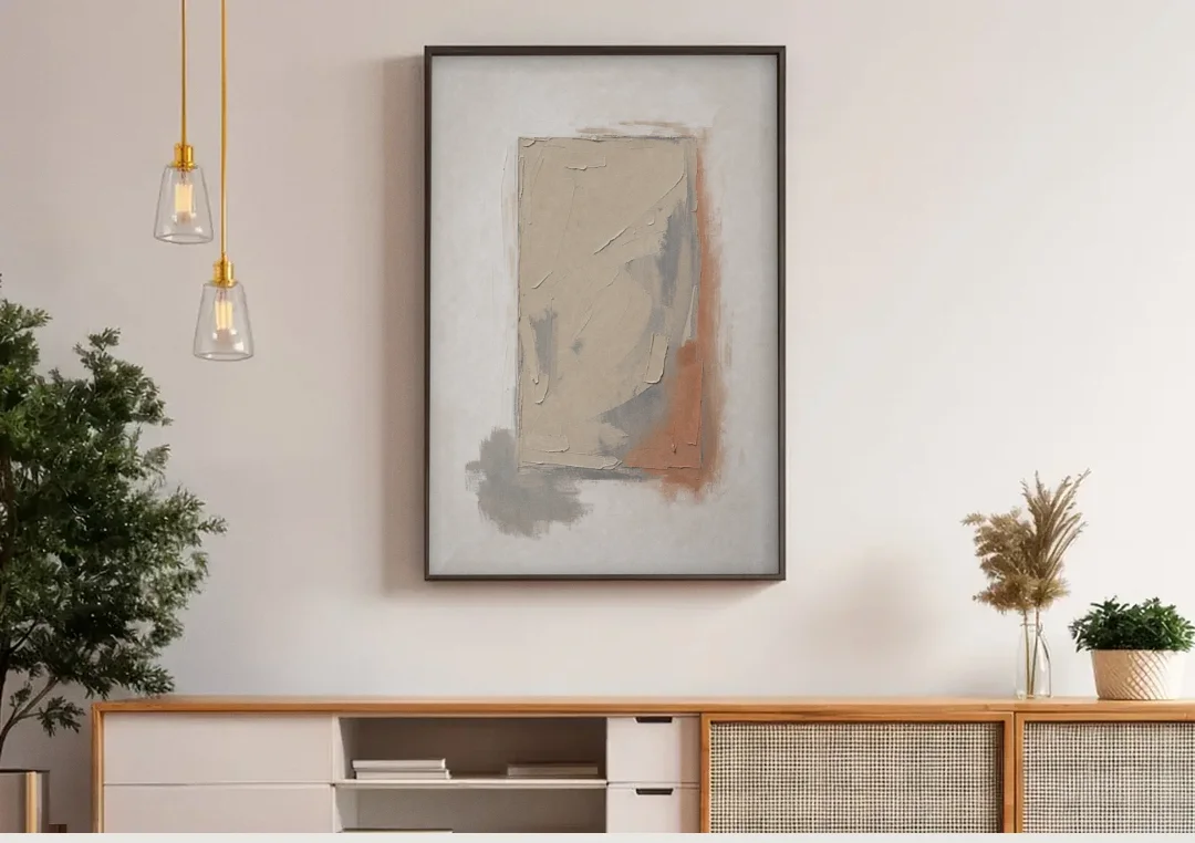 Plaster Texture Wall Art with Terracotta Shadow canvas wall art above a wooden sideboard under pendant lights