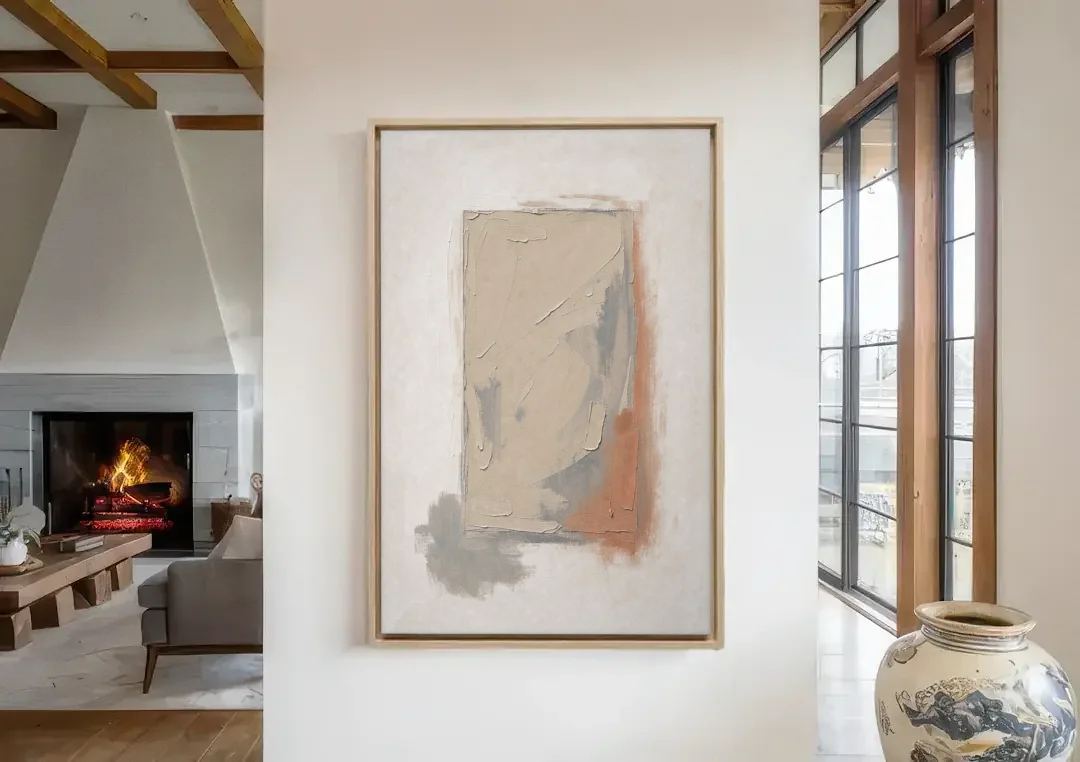 Plaster Texture Wall Art with Terracotta Shadow canvas wall art in a living room with a fireplace