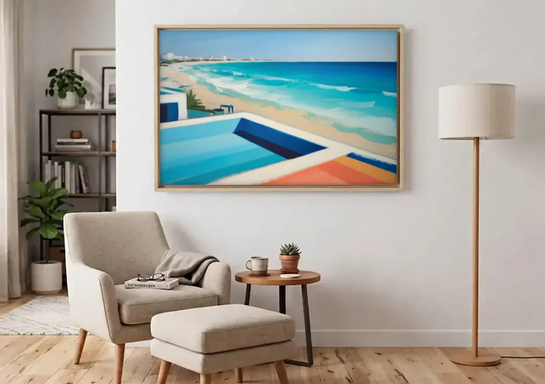 Playa del Carmen Beachfront canvas wall art above an armchair in a bright living room