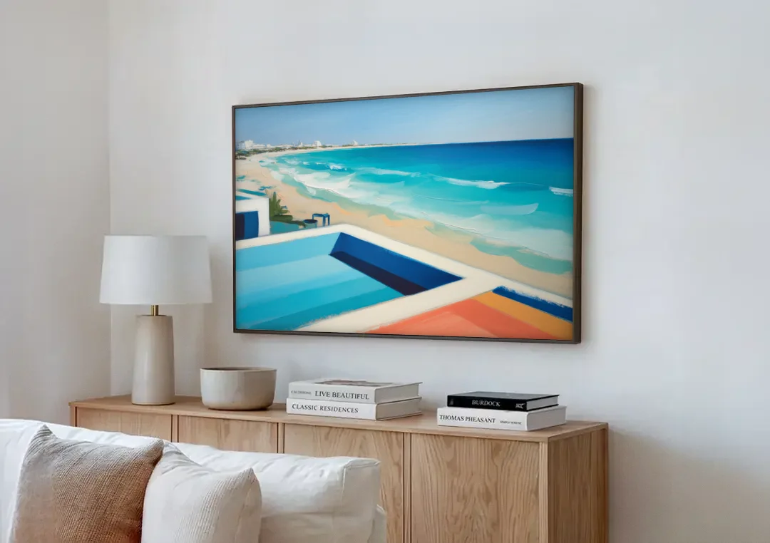 Playa del Carmen Beachfront canvas wall art above a wooden sideboard next to a sofa