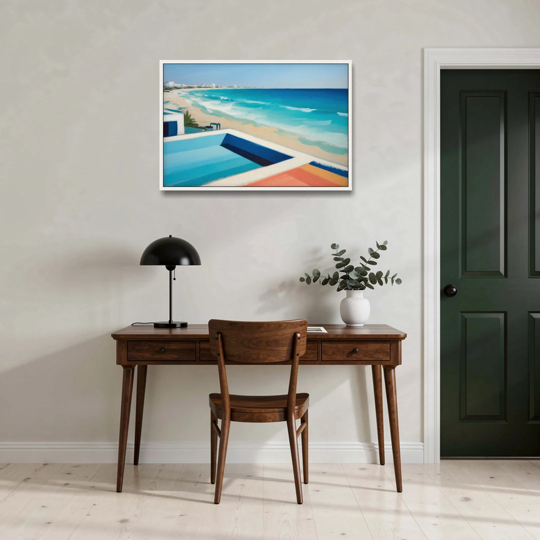 Playa del Carmen Beachfront - White Framed Canvas Wall Art - Office - 36x24
