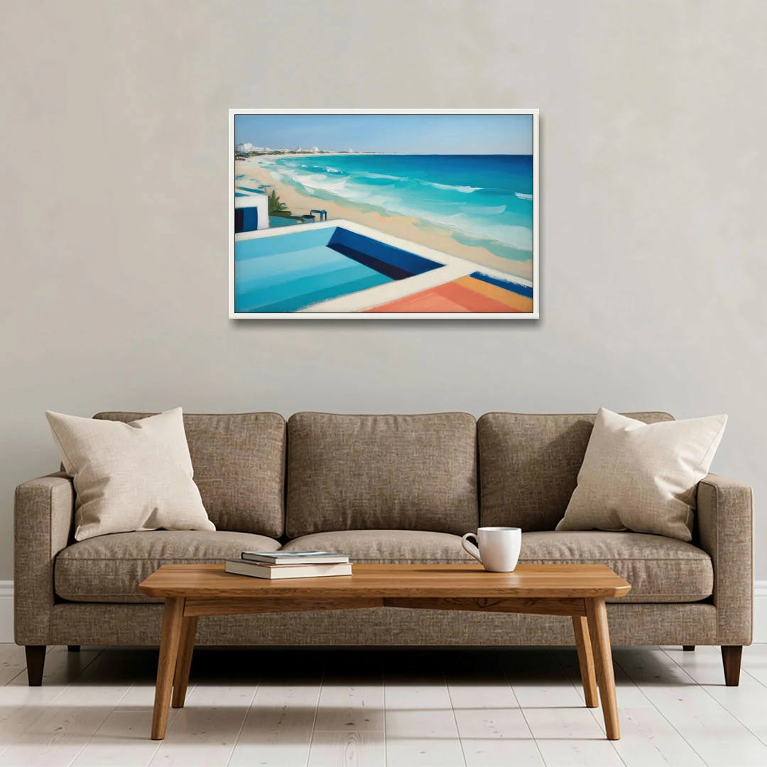 Playa del Carmen Beachfront - White Framed Canvas Wall Art - Sofa - 36x24