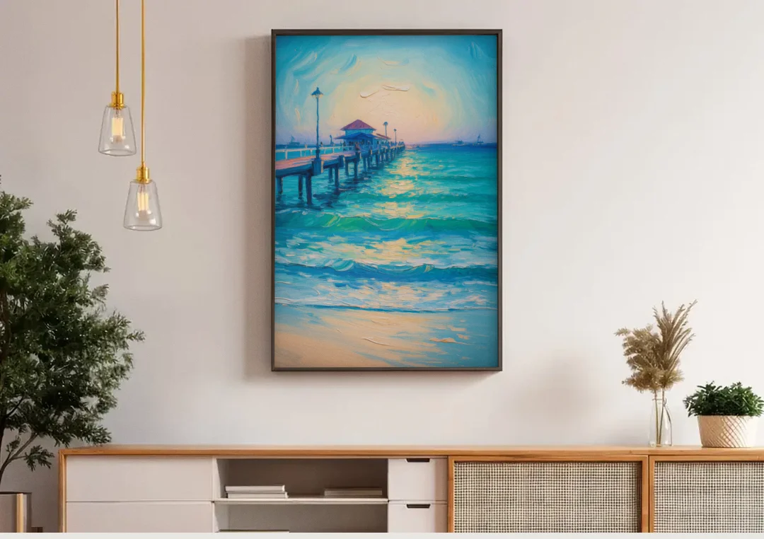 Playa del Carmen Pier canvas wall art above a wooden sideboard under pendant lights