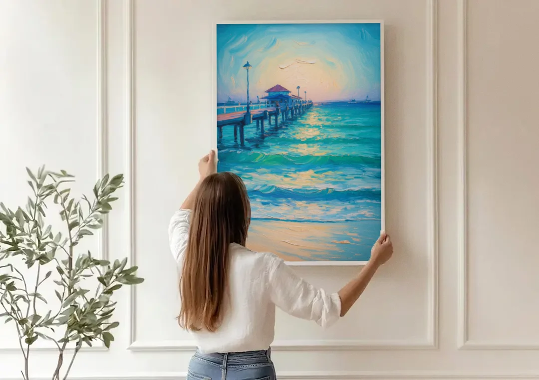 Playa del Carmen Pier canvas wall art being hung on a paneled wall