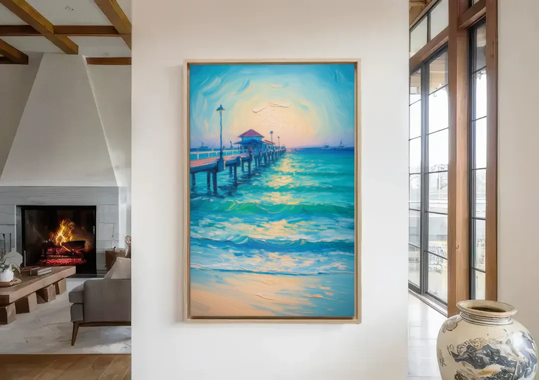 Playa del Carmen Pier canvas wall art in a living room with a fireplace
