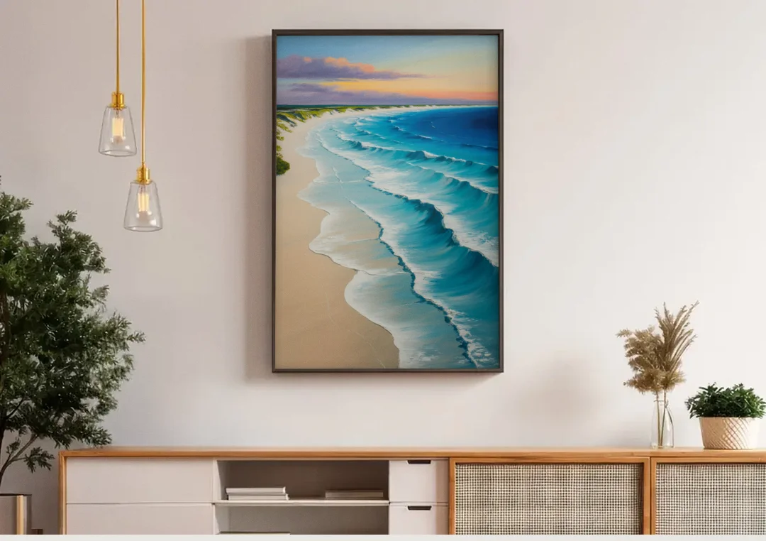 Playa Delfines Overlook canvas wall art above a wooden sideboard under pendant lights