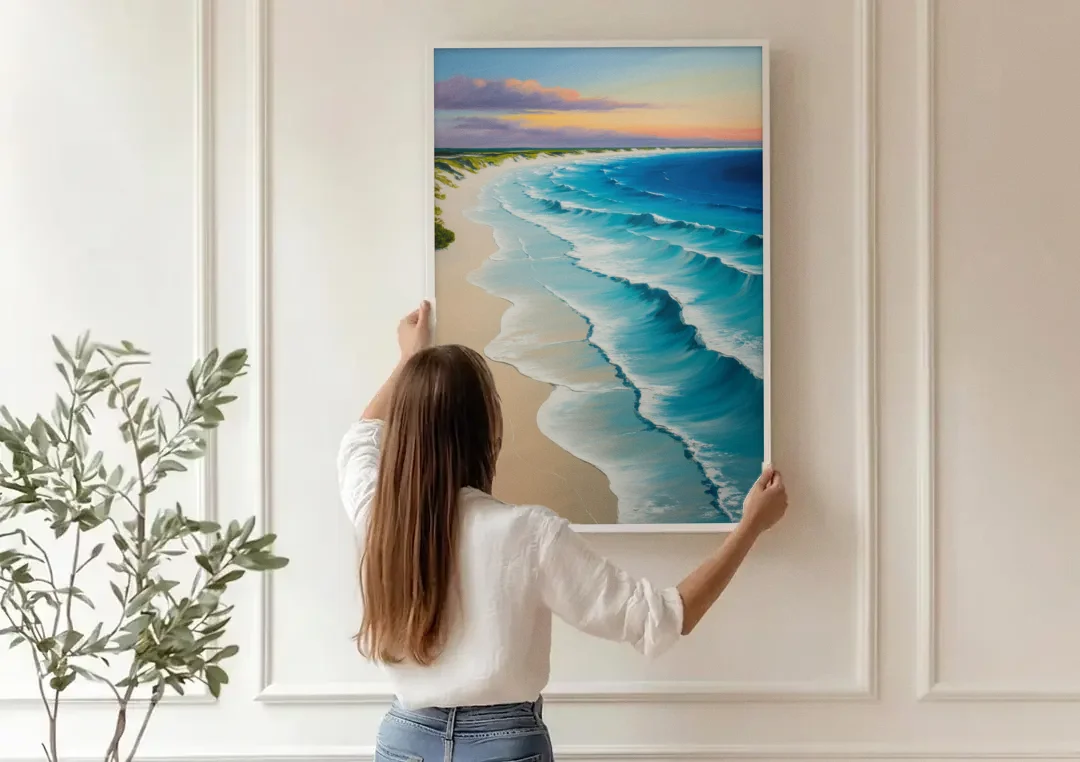 Playa Delfines Overlook canvas wall art being hung on a paneled wall