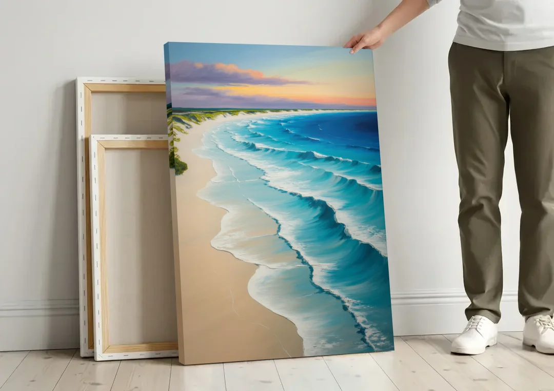 Playa Delfines Overlook canvas wall art leaning against a wall next to blank canvases