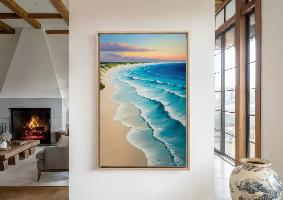 Playa Delfines Overlook canvas wall art in a living room with a fireplace