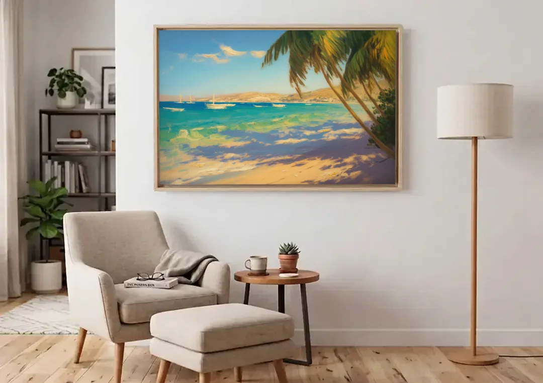 Playa El Coromuel Shore canvas wall art above an armchair in a bright living room