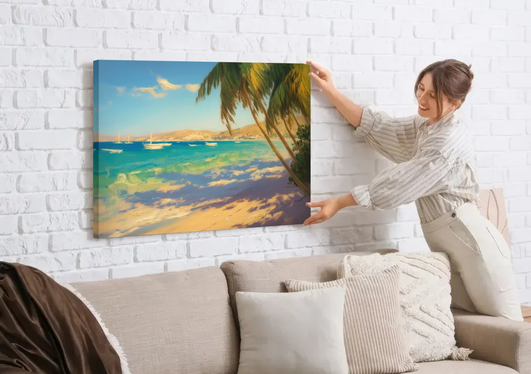 Playa El Coromuel Shore canvas wall art being hung on a white brick wall above a sofa