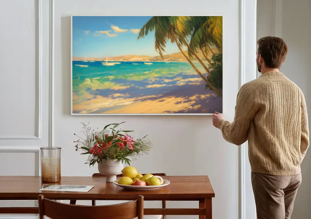 Playa El Coromuel Shore canvas wall art above a dining table