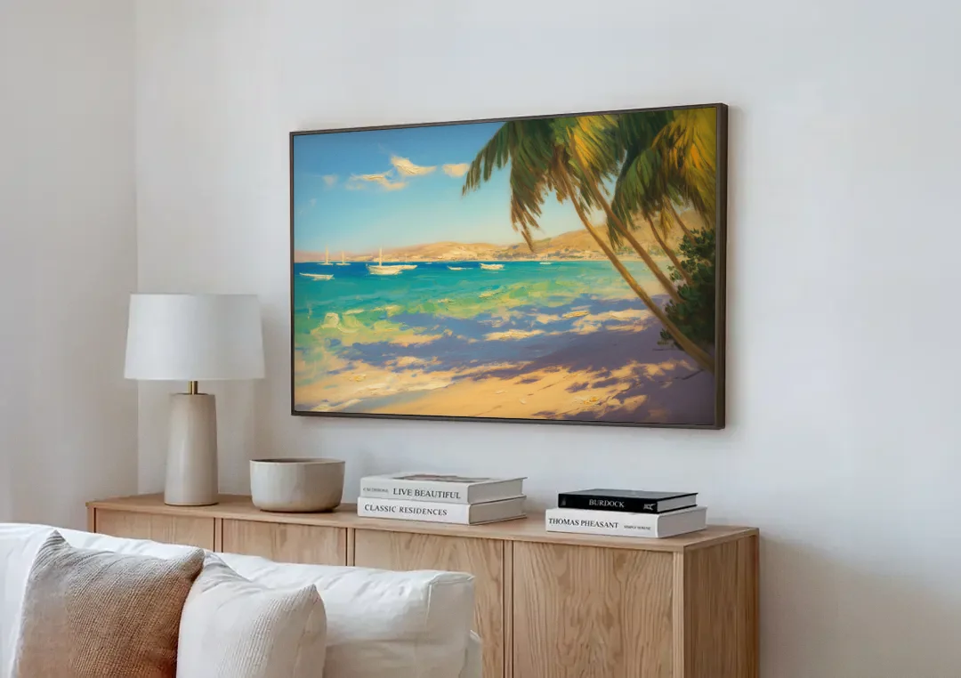 Playa El Coromuel Shore canvas wall art above a wooden sideboard next to a sofa
