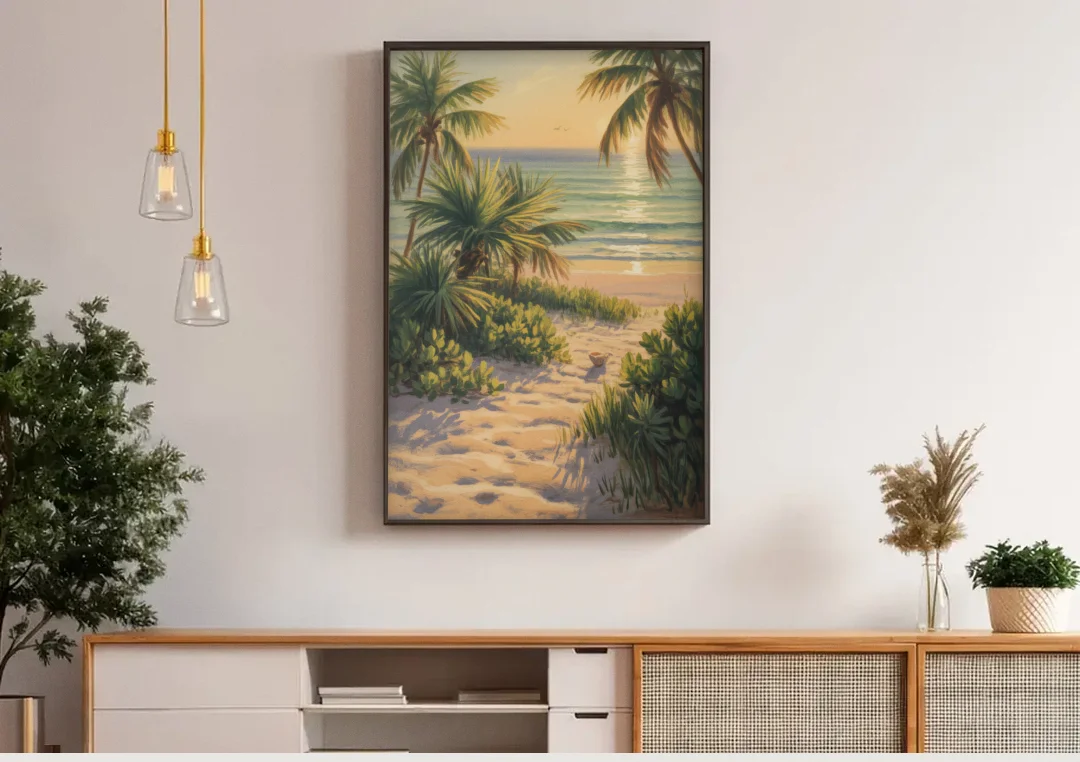 Playa Langosta Palms canvas wall art above a wooden sideboard under pendant lights