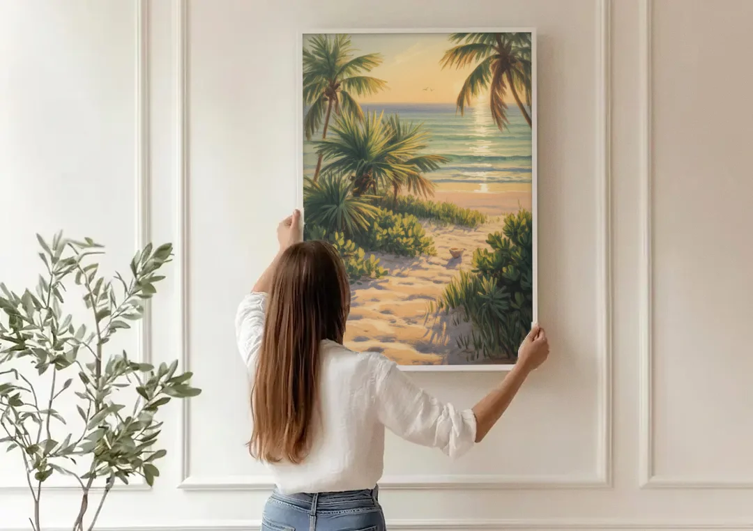 Playa Langosta Palms canvas wall art being hung on a paneled wall