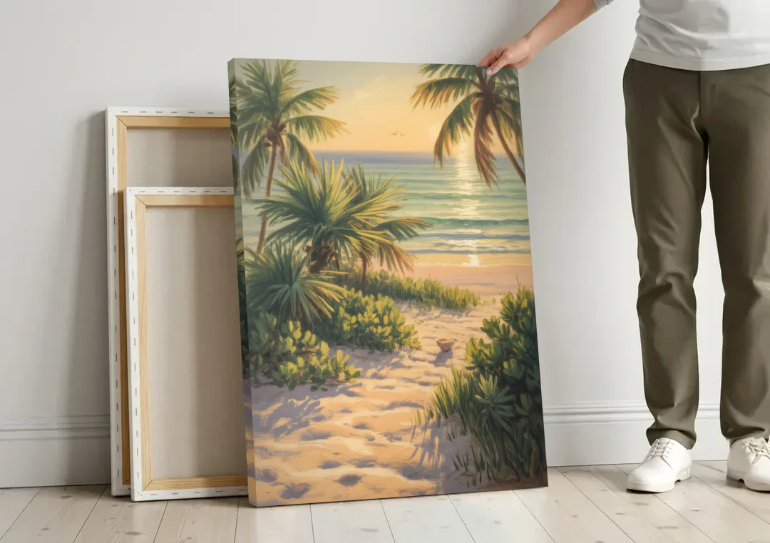 Playa Langosta Palms canvas wall art leaning against a wall next to blank canvases