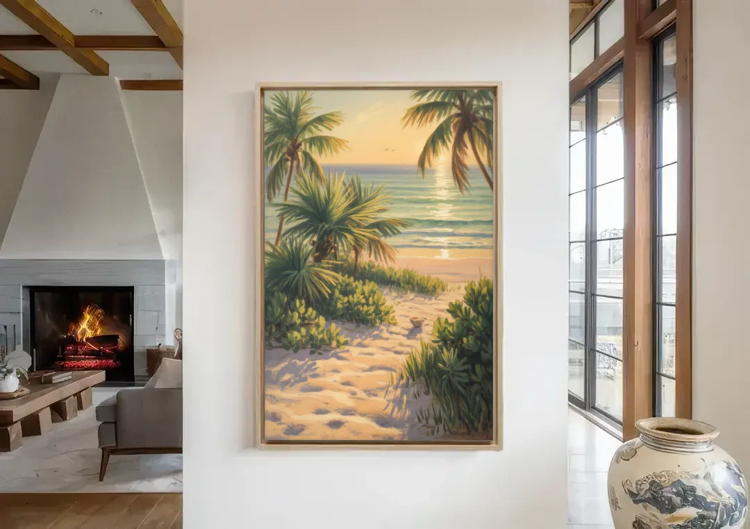 Playa Langosta Palms canvas wall art in a living room with a fireplace