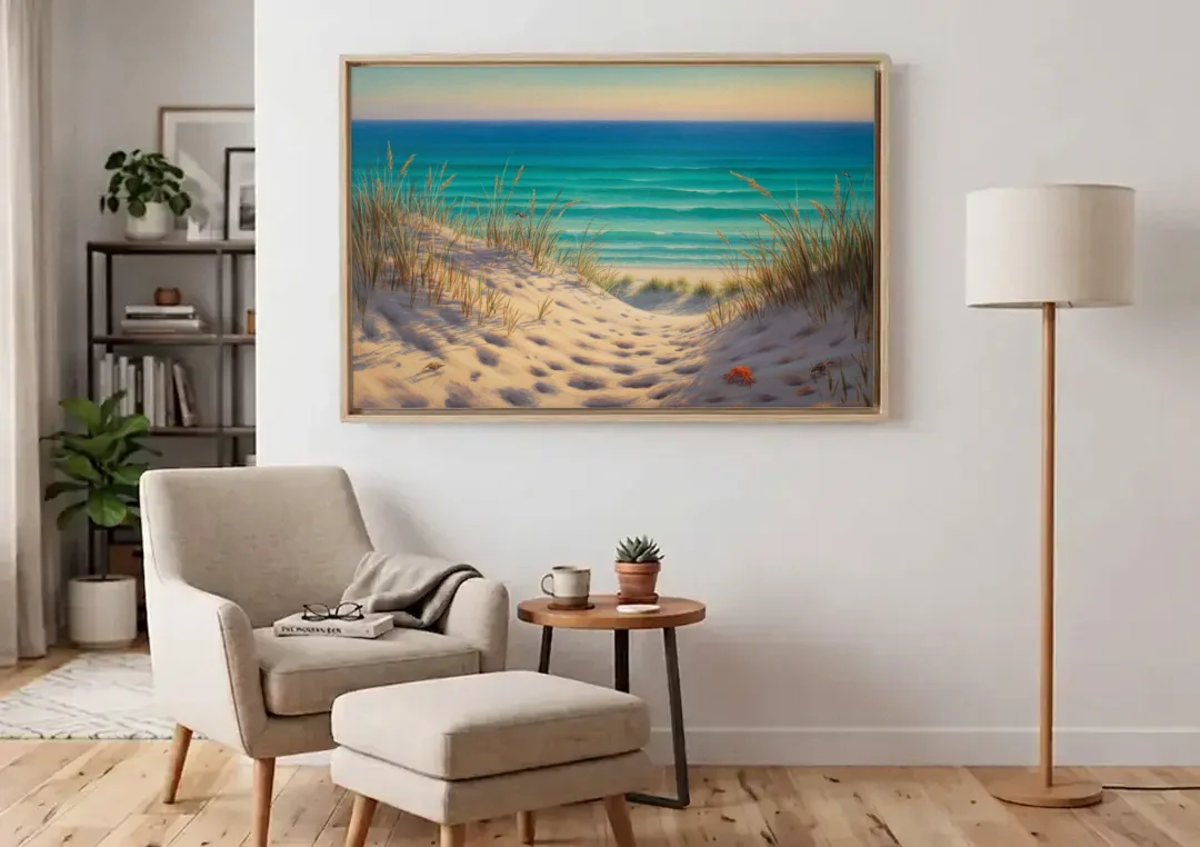 Playa Marlín Dunes canvas wall art above an armchair in a bright living room