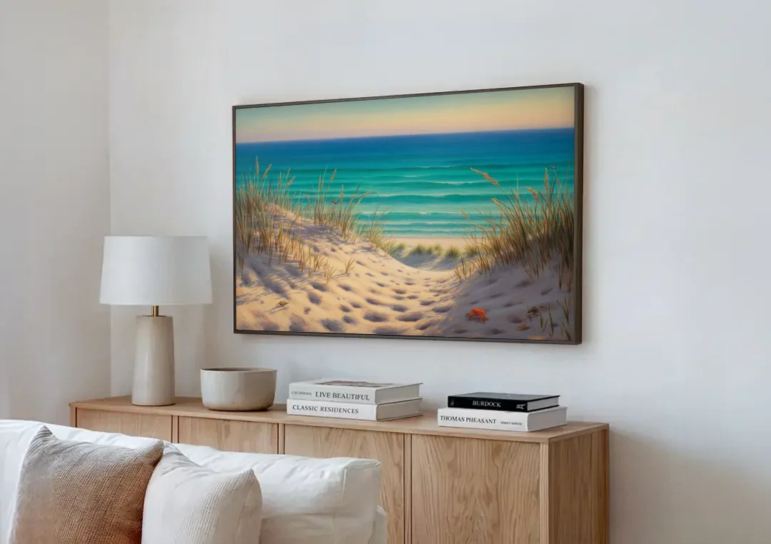 Playa Marlín Dunes canvas wall art above a wooden sideboard next to a sofa