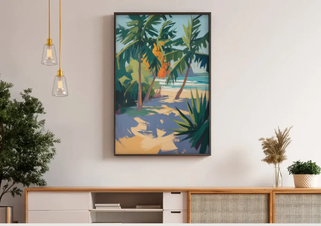 Playa Paraíso Palms canvas wall art above a wooden sideboard under pendant lights