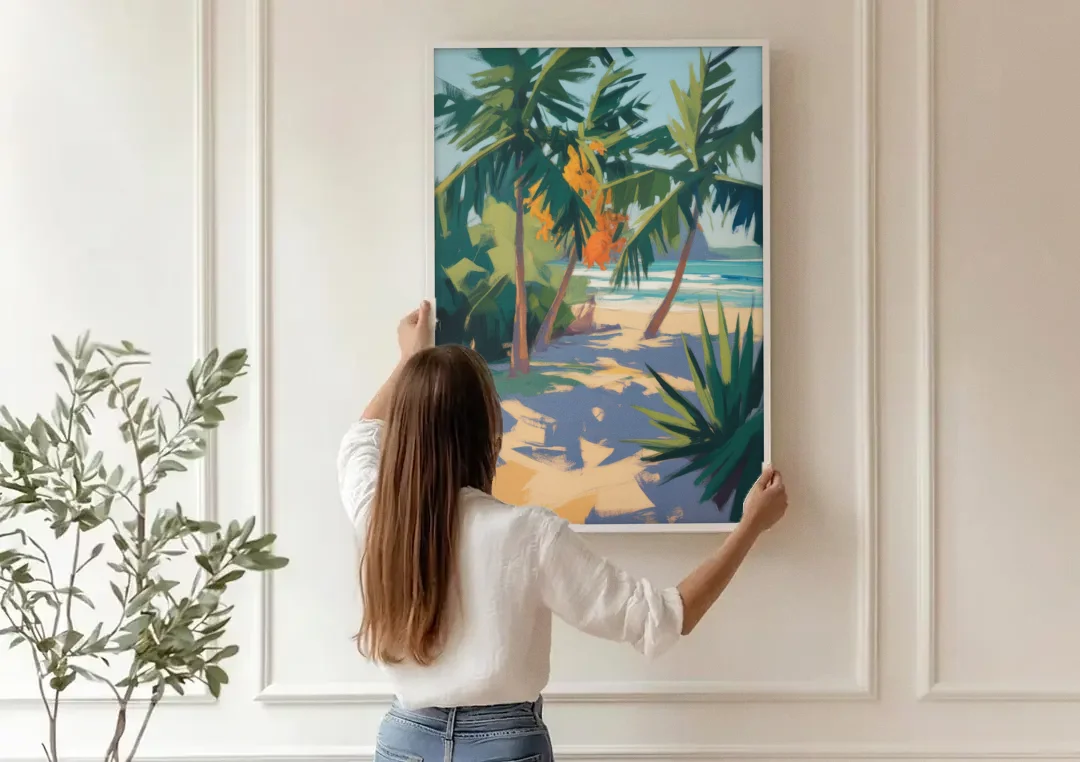 Playa Paraíso Palms canvas wall art being hung on a paneled wall