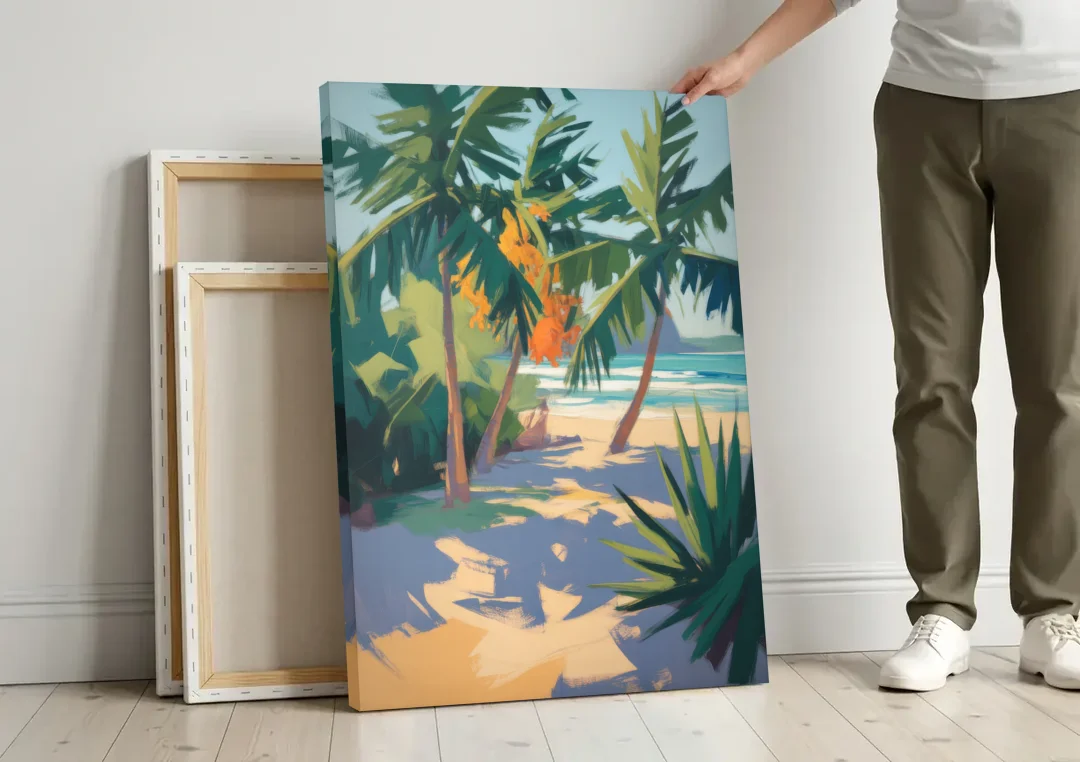 Playa Paraíso Palms canvas wall art leaning against a wall next to blank canvases